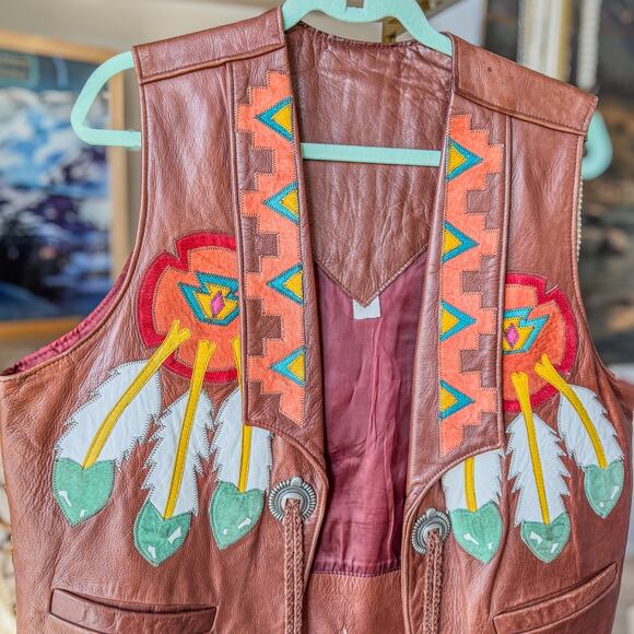 Arturo by Burray Olson Genuine Leather Vest Southwestern/Native American Motif - Picture 2 of 9